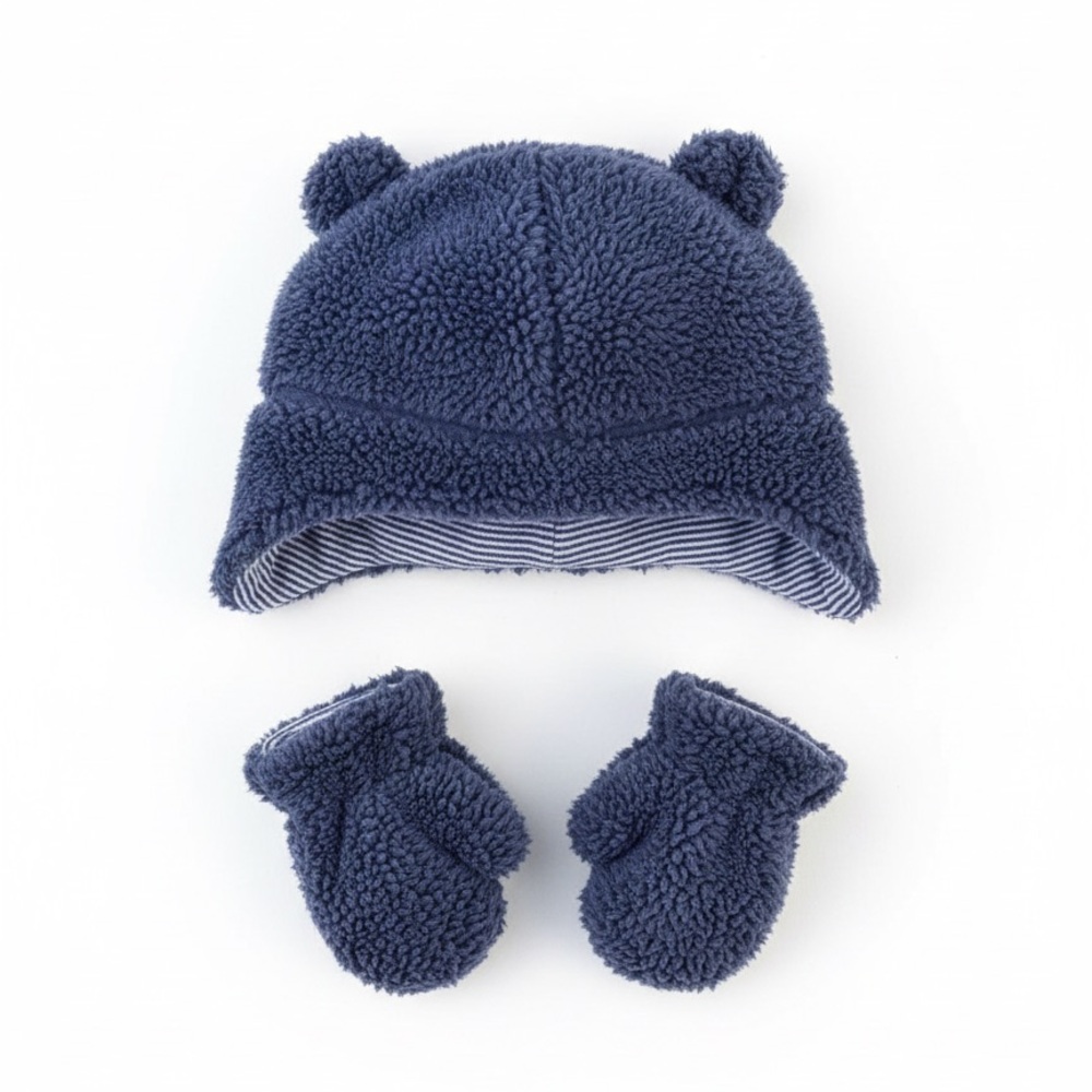 Carter's Fuzzy Navy Blue Hat and Mittens Set 0-9 Months